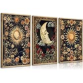 3pcs Celestial Sun and Moon Canvas Wall Art Crescent Moon Tarot Picture Botanical Wildflowers Painting Posters Astrology Gothic Print Aesthetic Artwork for Living Room Bedroom Decor 12x16in unframed