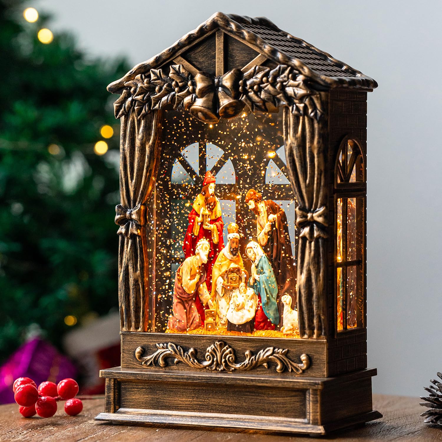 Photo 1 of ***CHARGING CABLE IS MISSING*** Three Kings Three Saints Window Christmas Snow Globe Swirling Glittering Nativity Figurines Manger Scene, USB Lined/Battery Operated Lighted Water Lantern for Christmas Festival Decoration Gifts