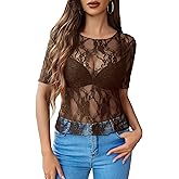 Avidlove Mesh Top for Women Short Sleeve Crew Neck Fitted Top Solid & Floral Lace Tee Shirts