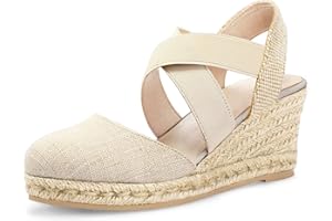 mysoft Women's Closed Toe Crisscross Elastic Ankle Strap Platform Espadrille Wedge Sandals