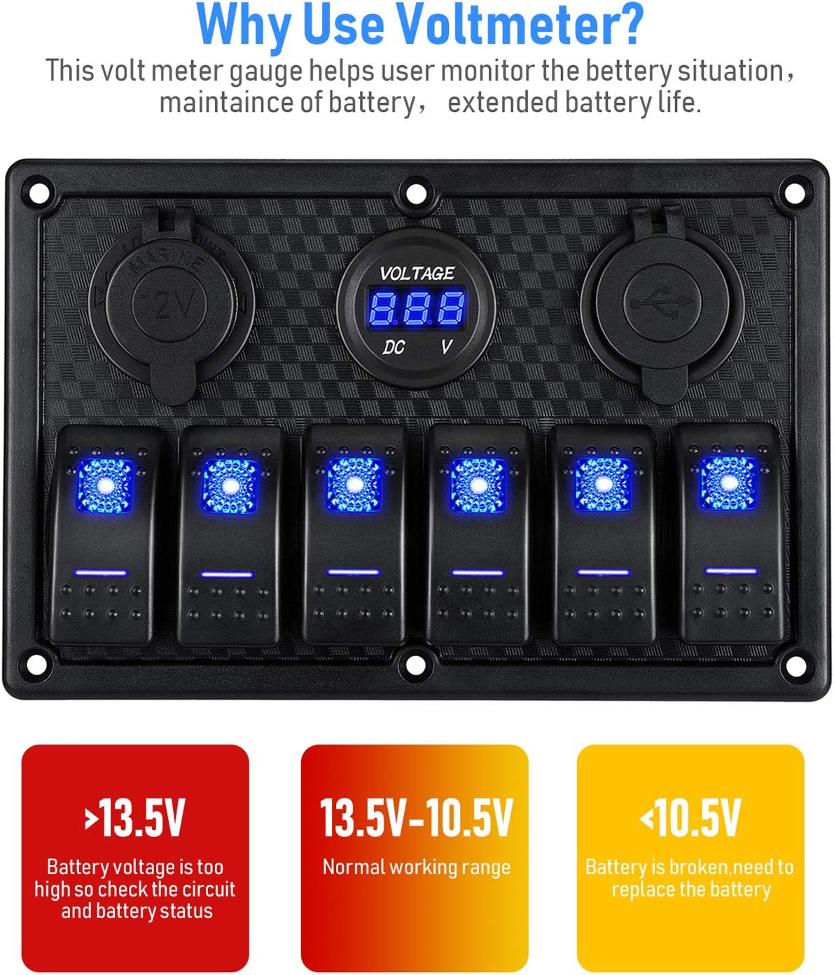 Kohree 6/8 Gang Marine Boat Rocker Switch Panel, 12V Waterproof RV Led Switch Panel for Car Truck Marine Boat, Digital Voltmeter Display Dual USB Charger Port DC 12 Volt Socket 12/24V Blue Lighted : Sports & Outdoors