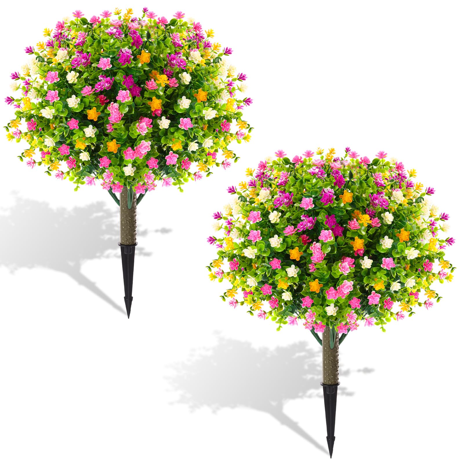 Photo 1 of Yunlly 2 Pcs Artificial Boxwood Topiary Ball with Flowers 22" Topiary Tree UV Resistant Faux Greenery Shrubs Outdoor with Ground Spikes Fake Plant Brush for Indoor Front Porch Garden (Mix Color)