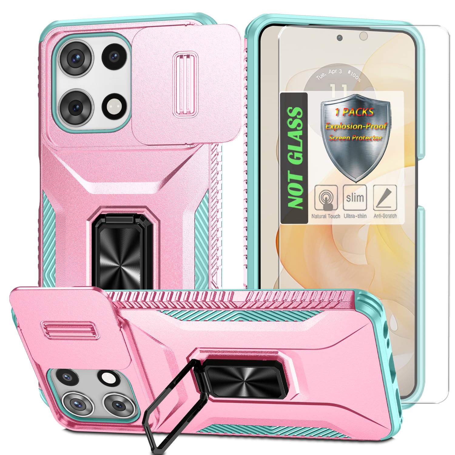 for Moto G 5G 2025 Case,with Sliding Camera Lens Cover,HD Screen Protector,360° Rotating Ring Kickstand,AYMECL Military-Grade Shockproof Protective Cover for Motorola Moto G 5G 2025,Pink+Turquoise