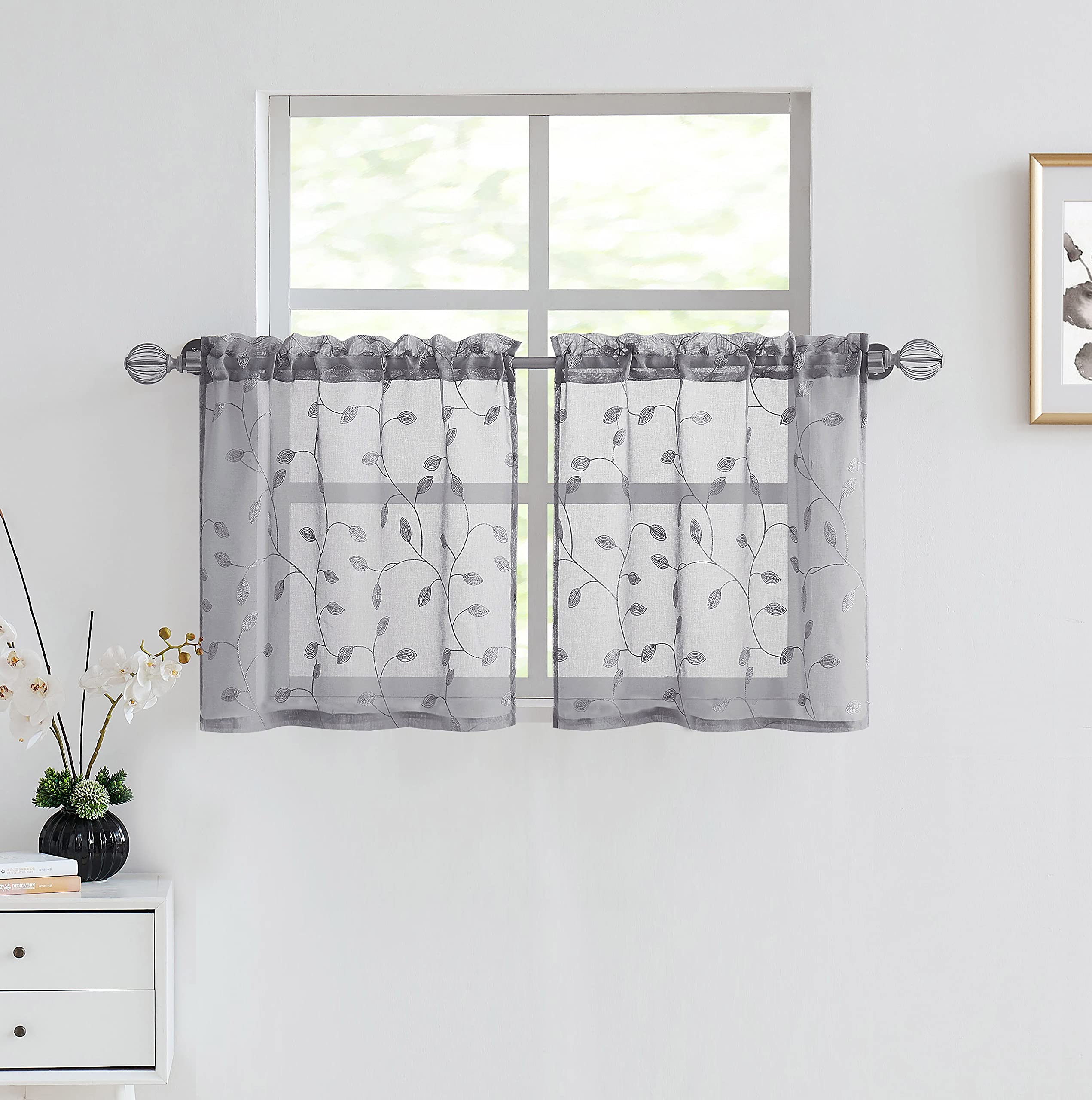 Fragrantex Grey Botanical Small Curtains for Kitchen/Cafe Linen Sheer Tiers 24 inches Long Floral Embroidery Leaf Window Draperies for Dining Room,Rod Pocket 2 Panels,28" Wx24 L