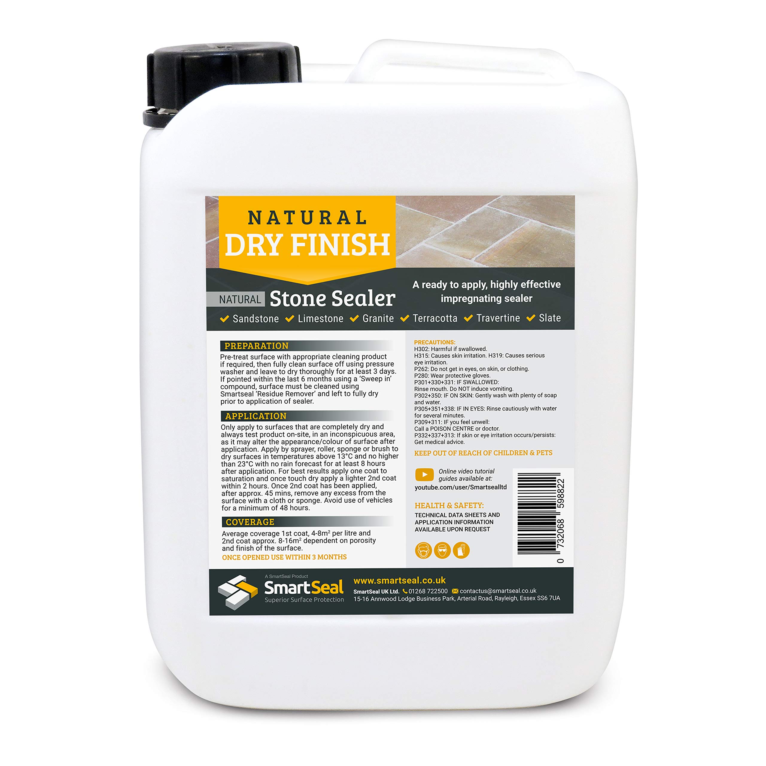 Smartseal Natural Stone Sealer - Dry Finish – Impregnating, Durable, Clear Sealer for Sandstone, Limestone, Granite, Travertine & Slate - Easy to Apply Indoor & Outdoor Use (5 Litre) — image 1