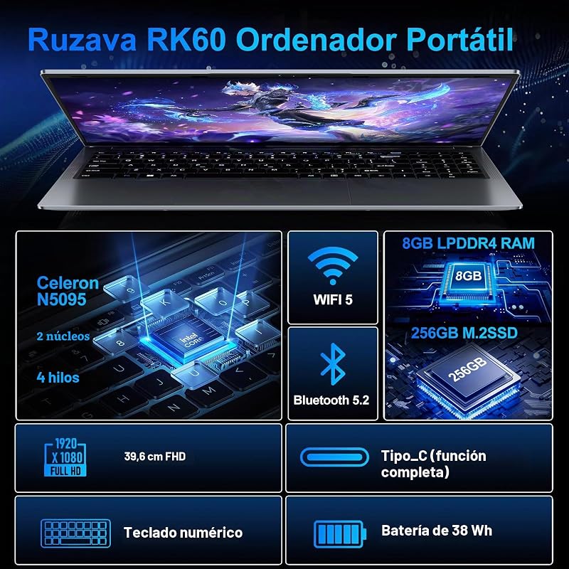 2026 Ordenador Portátil 15,6 Pulgadas Celeron N5095 Win11 Pro 8GB 256GB SSD