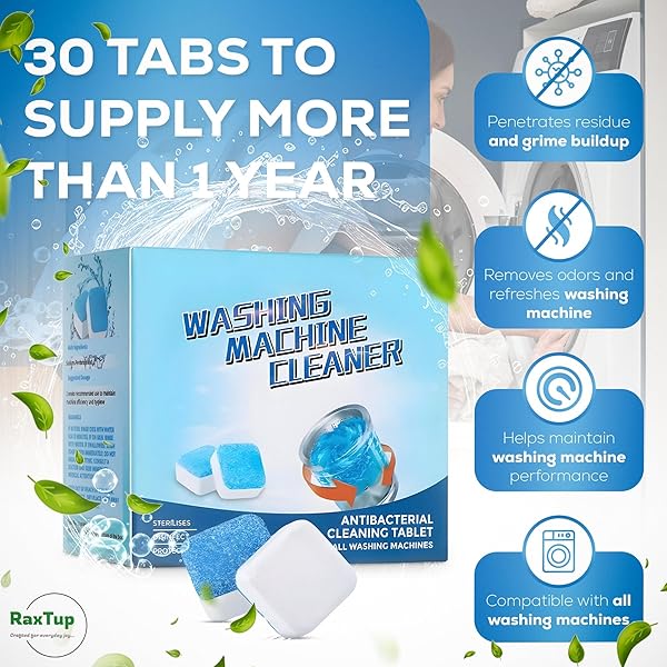 RAXTUP WASHING MACHINE CLEANER DEEP CLEANING TABLETS FOR HE FRONT LOADER & TOP LOAD WASHER, CLEAN INSIDE DRUM AND LAUNDRY TUB SEAL (30)