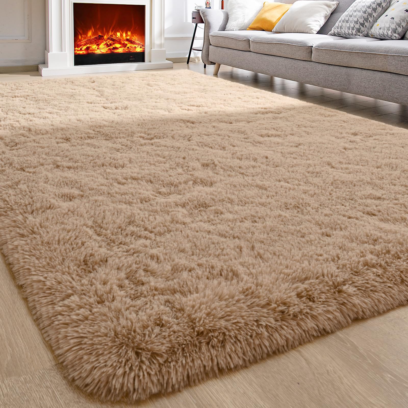 Photo 1 of Comeet Soft Living Room Area Rug for Bedroom, No Slip Plush Fluffy Rugs-Fuzzy Comfy Rug, Indoor Floor Rug Shaggy Plush Carpets for Kids Girls Boys Dorm Nursery, 6x9 Light Tan