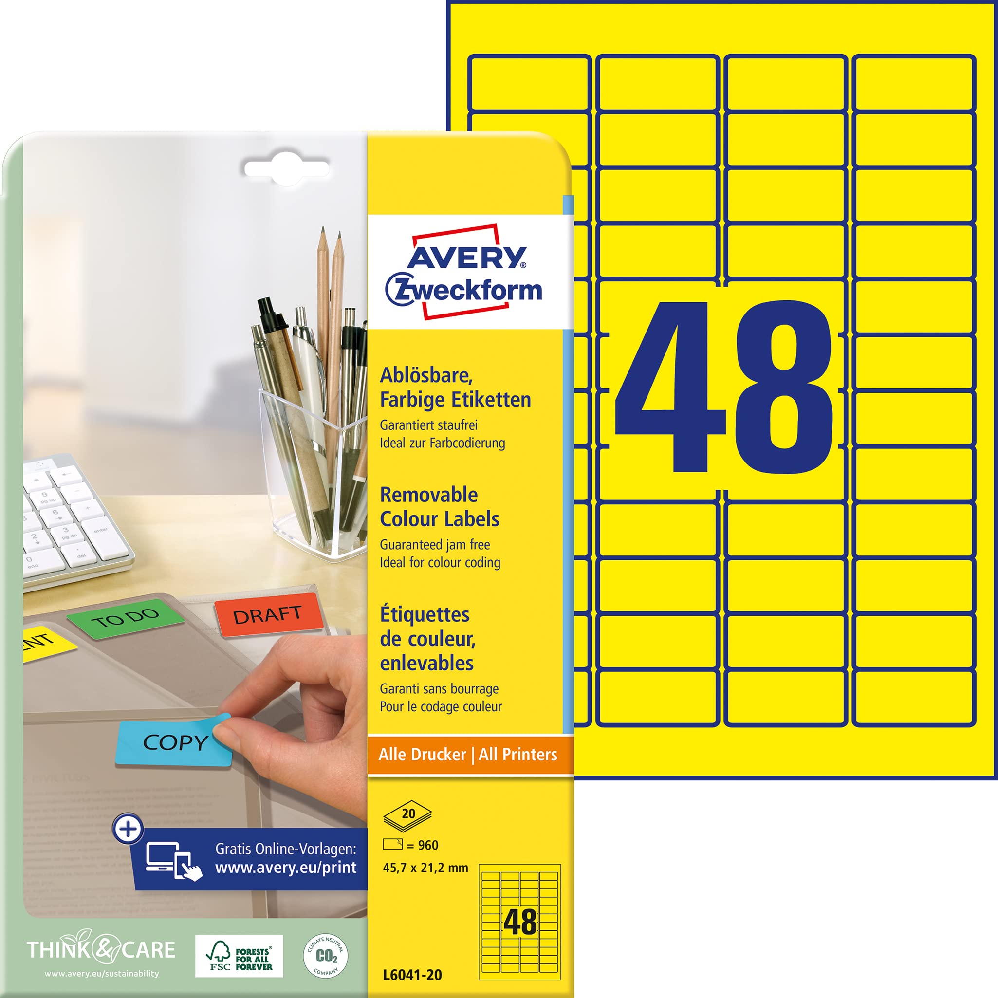 Avery L6041-20 Removable Mini Labels (45.7 x 21.2 mm Labels, 48 per A4 Sheet, 20 Sheets) for all printers - Yellow