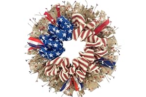 egolot 16 Inch Patriotic Burlap Berries Wreath for Front Door, Forth of July Burlap Red White Blue Wreath for Indoor and Outdoor, Memorial Day Independence Day Home Decor