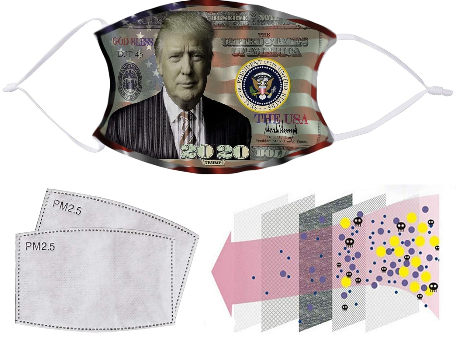 Amazon Com Donald Trump God Bless The Usa 2020 Flag Background Money Face Mask With Adjustable Elastic Straps And Replaceable Carbon Filter Inserts Handmade