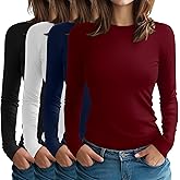 Oakgarden 4 Pack Women's Long Sleeve Shirt Slim Fit Crew Neck Tops Casual Basic Stretch Cotton Blend Fall Going Out Outfits