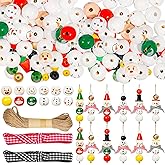X Hot Popcorn 164 Pcs Christmas Snowman Wooden Bead Xmas Wood Round Print Beads with Twine Scarf Christmas DIY Ornaments for Christmas Winter Party Supplies Holiday Art Activities Tree Decoration