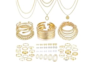 FAXHION 68 Pcs Gold Jewelry Set for Women with 7 Necklace, 17 Bracelet, 5 Hoop Earrings, 15 Stud Earrings, 24 Knuckle Rings for Women Jewelry Set for Women