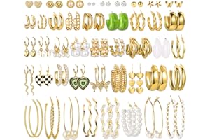 YEEZII 44 Pairs Gold Hoop Earrings Set for Women Multipack, Fashion Dangle Heart Statement Pearl Earrings Pack, Hypoallergenic Chunky Hoops Jewelry for Birthday Party Gift