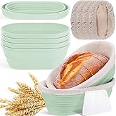 Nuogo 4 Pack Oval Bread Proofing Basket Silicone 10 Inch Collapsible Sourdough Bread Baking Supplies Dough Proofing Bowl with 4 Pcs Dough Scraper and 4 Pcs Basket Covers(Green)