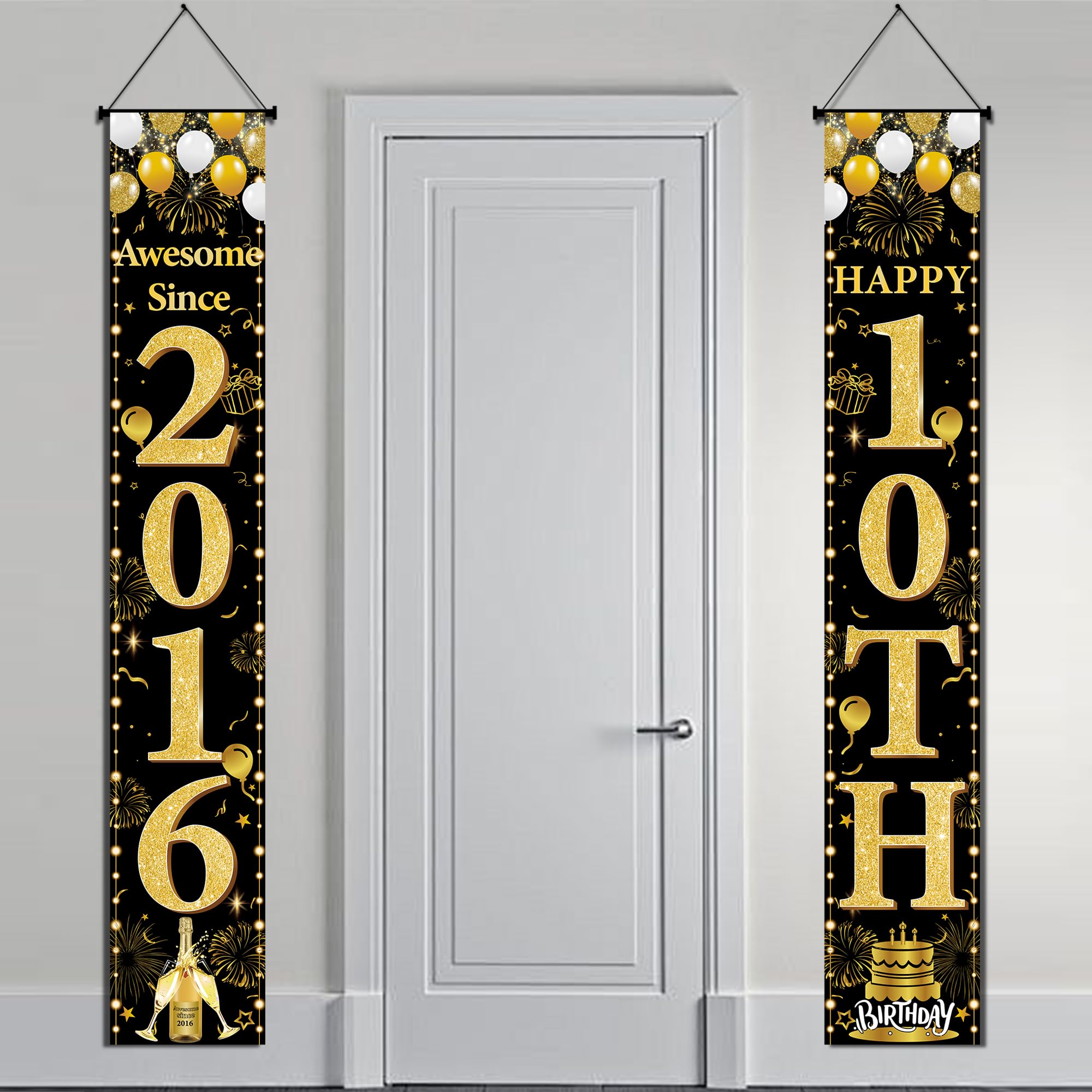 10th Birthday Decorations Door Banner - Black Gold Awesome Since 2016 Happy 10th Birthday Party Door Porch Sign for Girls Boys Double Digits Party Photo Booth Background Decor, 180 × 30 cm