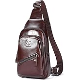 BULLCAPTAIN Leather Sling Chest Bag for Men Outdoor Hiking Travel Crossbody Bag Backpack with USB Charging Port (Dark brown)
