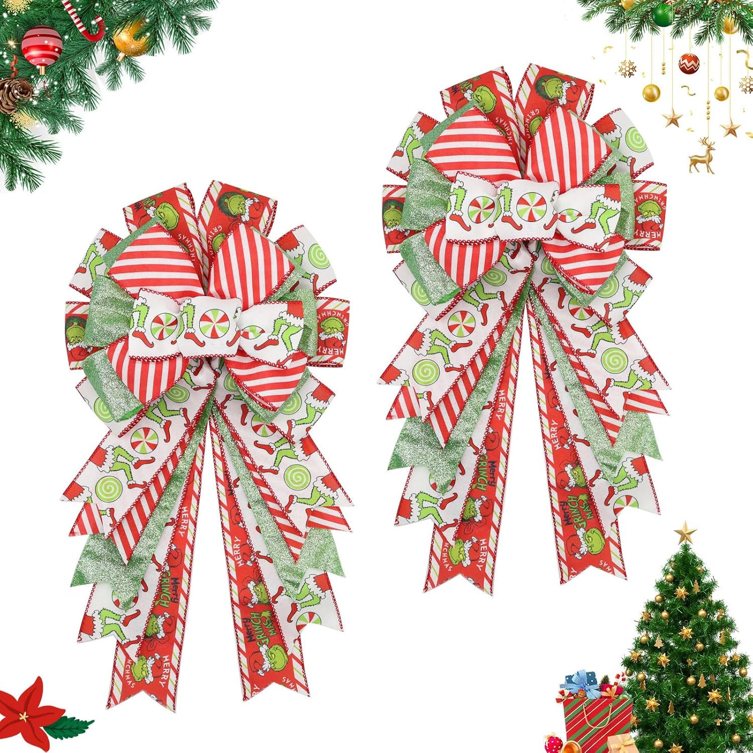 Bows & Ribbons - Montekin Large Christmas Wreath Bows 20x11 Inch, 2 Pack Elf Legs with Candy Pattern Burlap Wired Bows, Decorative Christmas Tree Ornaments for Front Door Indoor Outdoor Xmas Decorations (Red & Green)