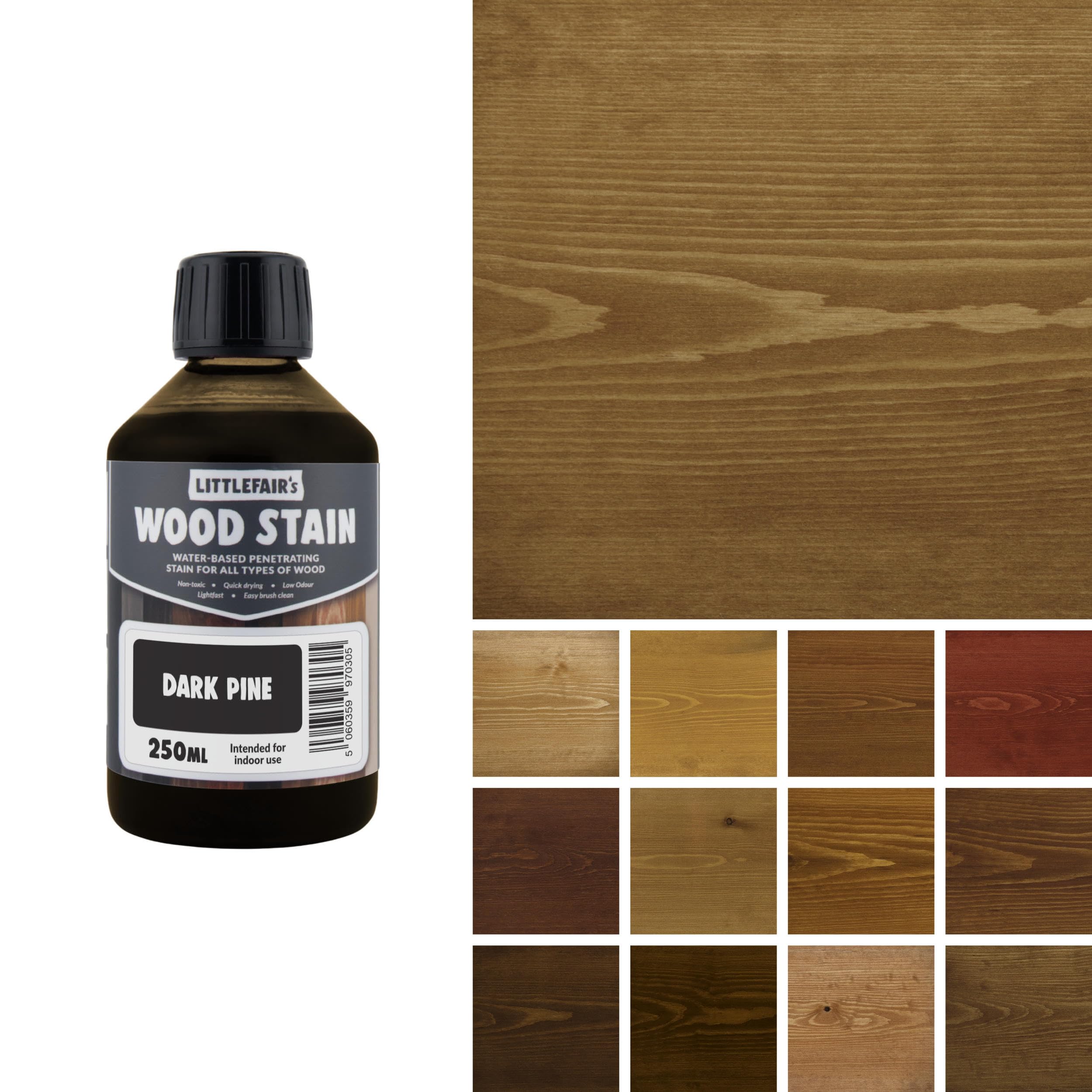Littlefair's Wood Stain Water-Based - (Dark Pine) – Non-Toxic, Eco-Friendly & Quick Drying - Easy-to-Apply, Concentrated Formula for All Wood Types – 250ml