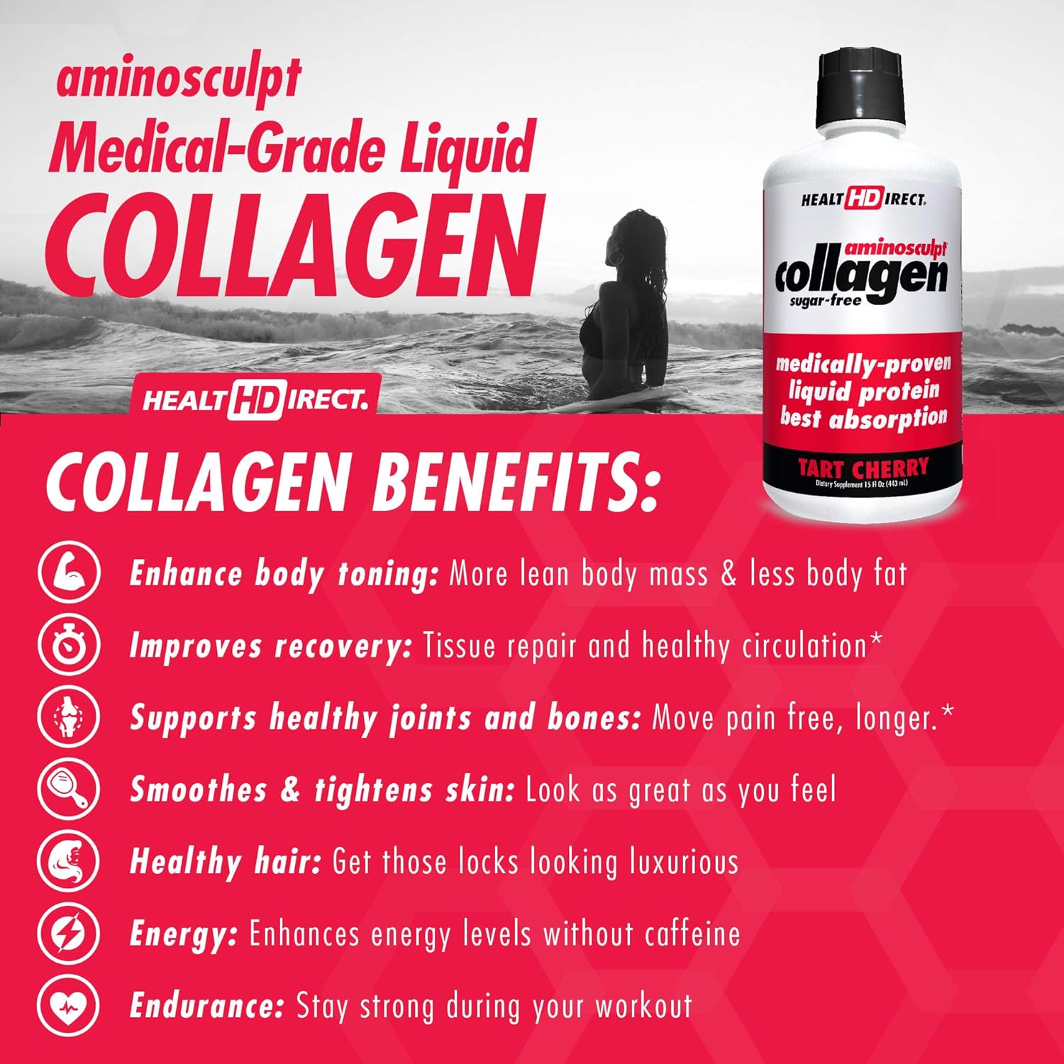 Health Direct Medical-Grade Liquid Collagen Supplement, AminoSculpt Sugar-Free, Tart Cherry, Burn Fat, Recovery, Good for Joints, Bones, and Sleep, Better Hair, Skin and Nails: Health & Personal Care