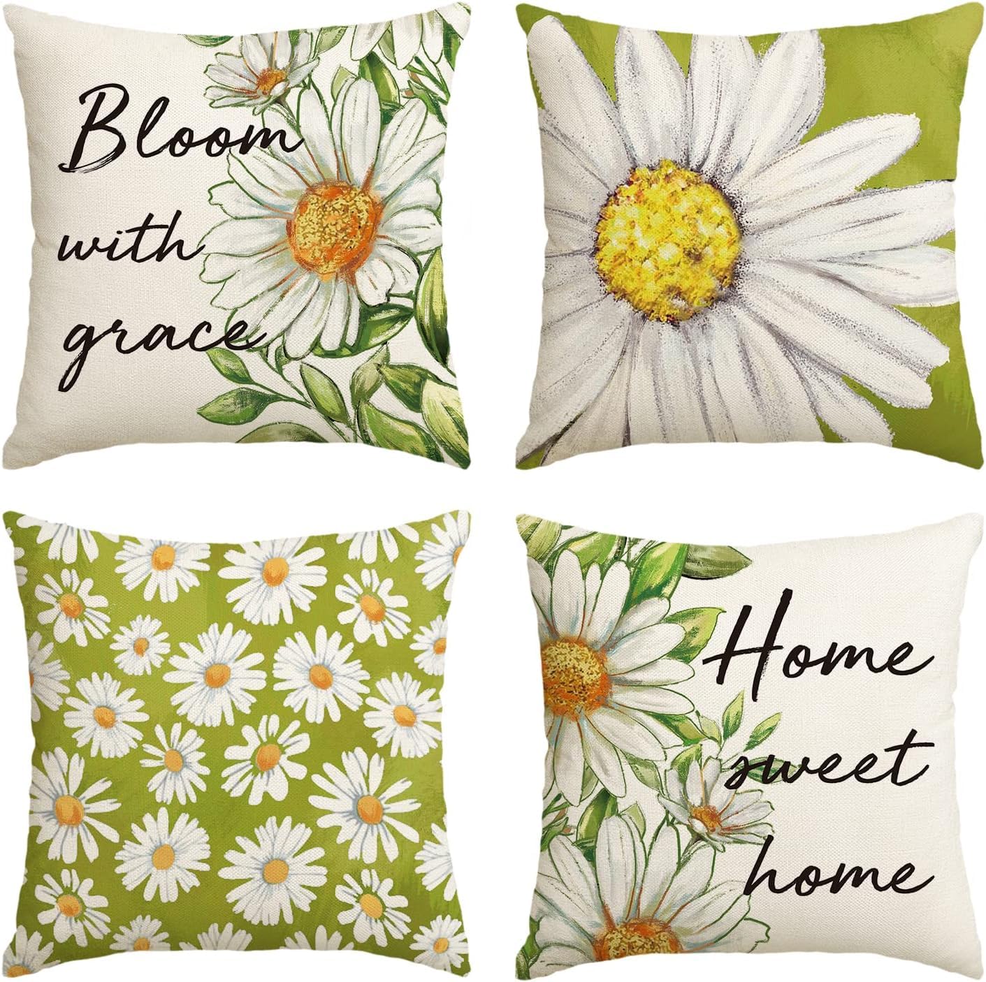 BAOKU White Green Daisy Landscape Pattern Cushions Cover Cushions Pillow Covers Set of 4 Home Decorative for Sofa Linen Square Outside Office 18x18 Inch 45x45cm
