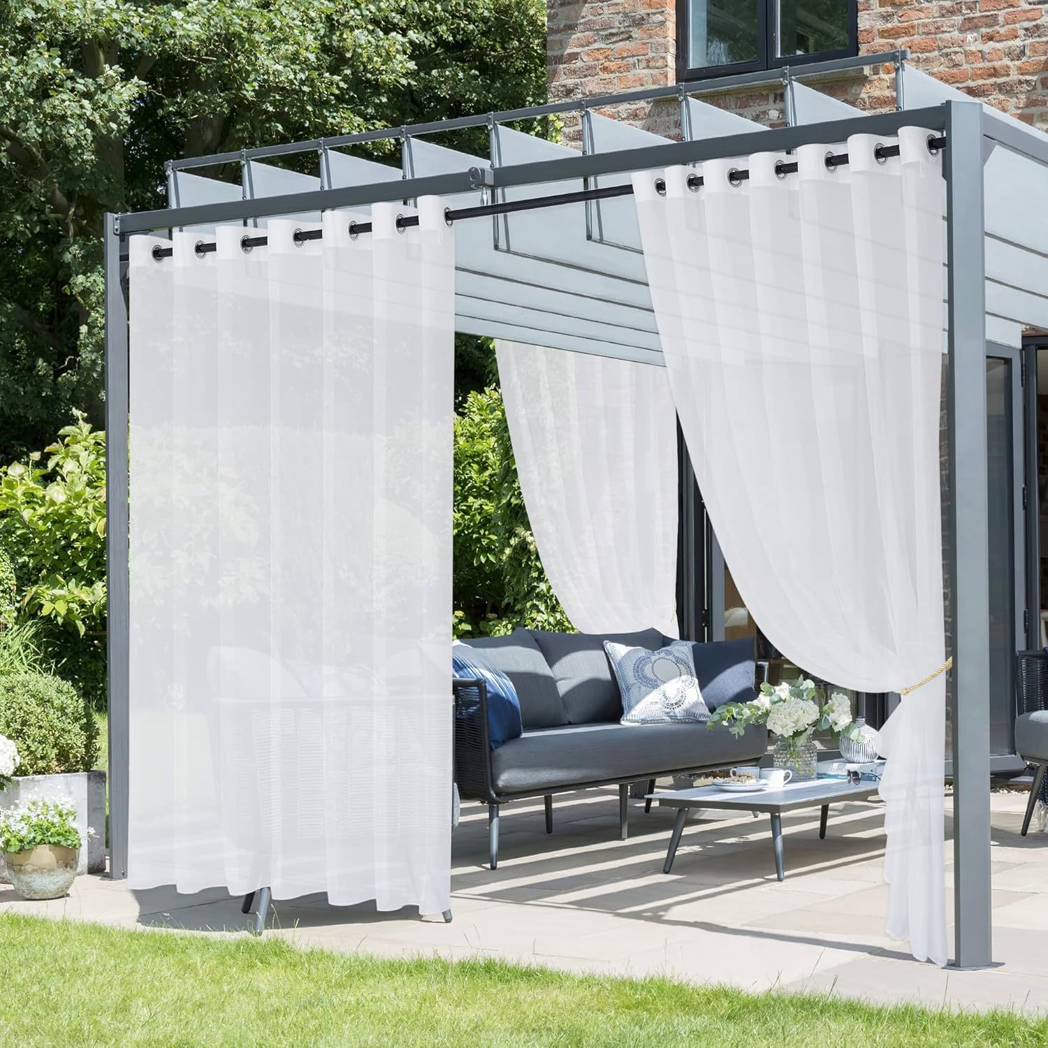 Outdoor Curtains - NICETOWN 2 Panels Waterproof Outdoor Sheer Patio Curtains Extra Wide & Long, Rustproof Grommet Indoor Outdoor Lightweight & Airy Voile Sheer Textured for Pergola/Porch, W100 x L120, White