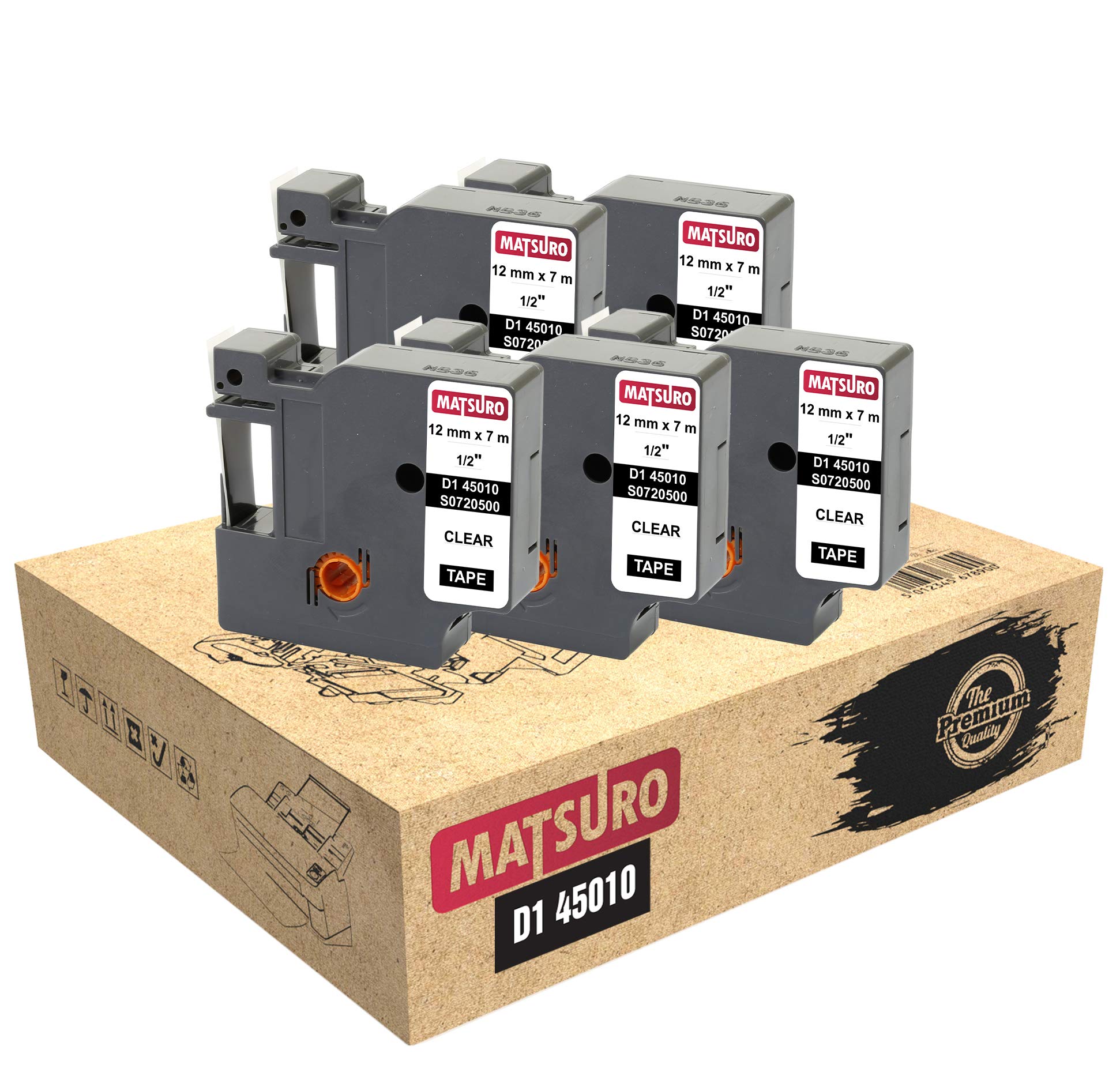 Matsuro Original | Compatible Label Tapes Replacement for DYMO D1 45010 S0720500 Black on Clear (12mm x 7m | 5 Pack)