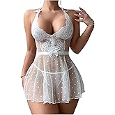 SOLY HUX Women's Mesh Lace Lingerie Set Sheer Halter Mini Dress Babydoll Chemise Nightgown with Thong
