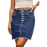 Sidefeel Women's Jean Skirt Stretchy Ripped Frayed Button Fly Summer Denim Skirt