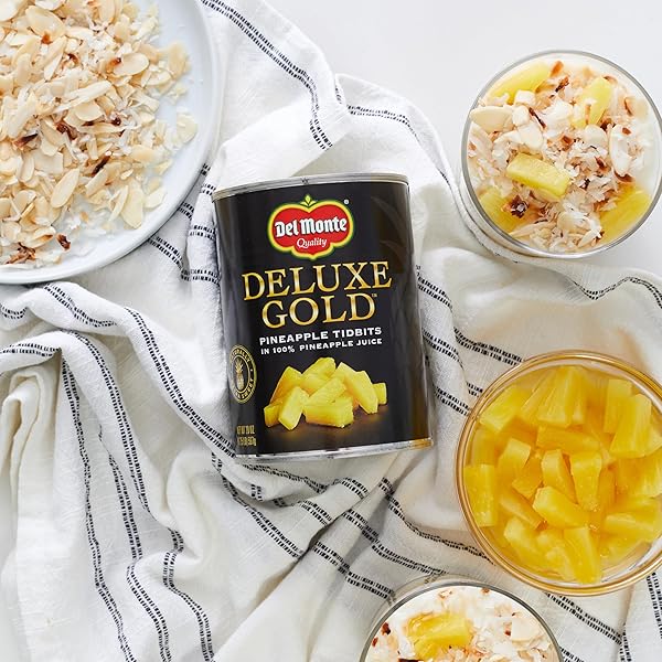 DEL MONTE DELUXE GOLD PINEAPPLE TIDBITS IN 100% PINEAPPLE JUICE, 20 OZ CAN, CANNED FRUIT