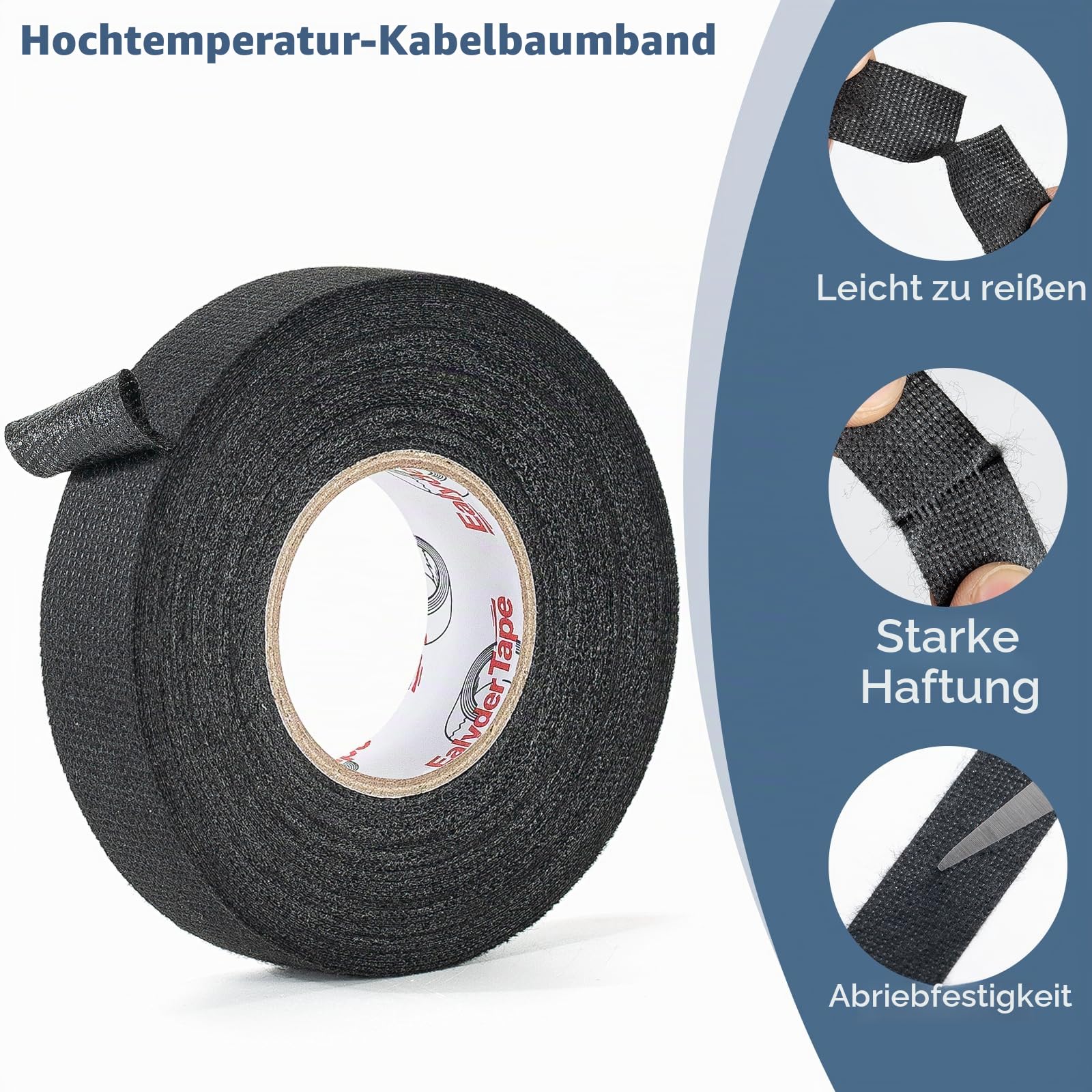 Ealyder Tape Kabelbaum Gewebeband 2 Stück 19 mm x 17 m – Hochtemperaturbeständig, Selbstklebendes Isolierband für Auto Kabelbaum, Geräuschdämmung & Kabelschutz 2