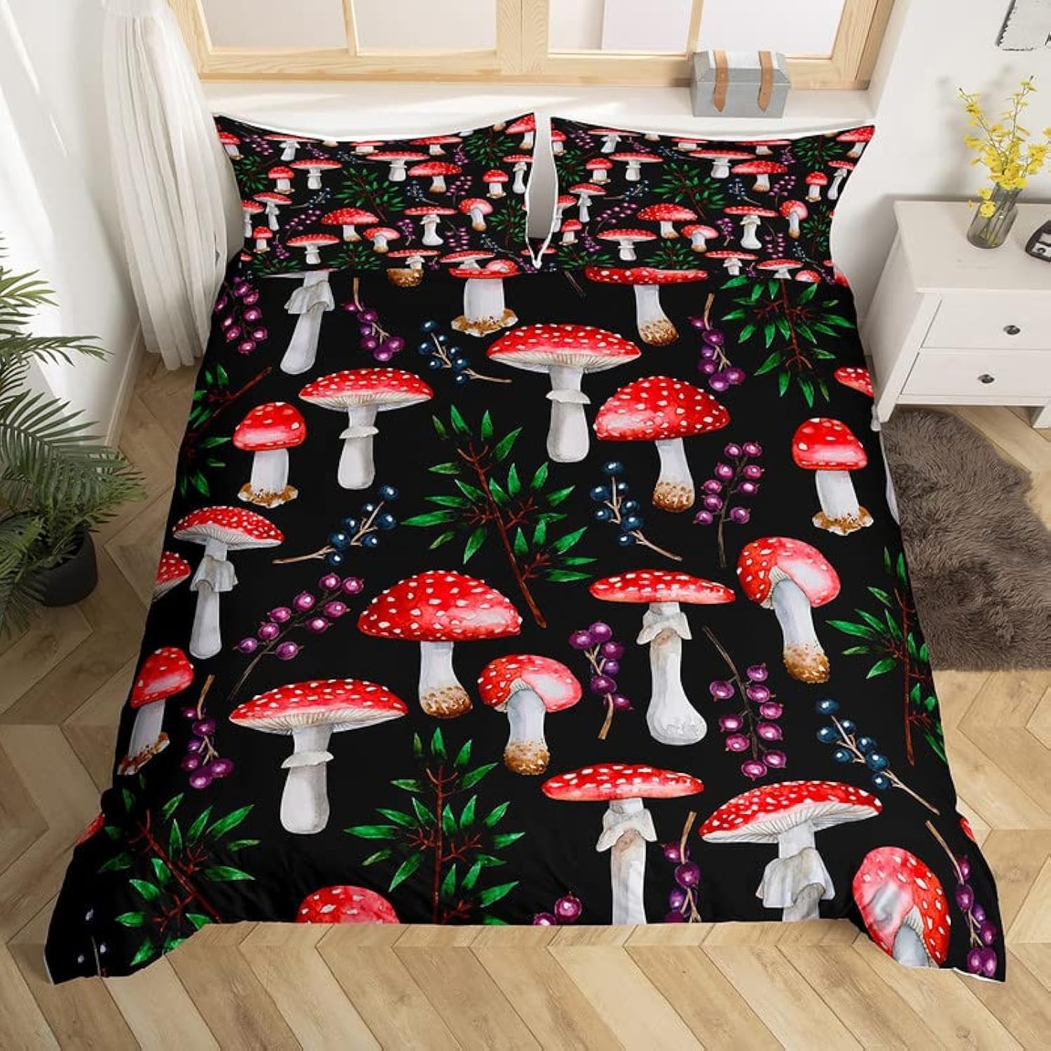 Homemissing Cute Mushroom Duvet Cover Cartoon Mushrooms Bedding Set Kawaii Fungus King Comforter Cover for Boys Girls Children Teens Bedroom Decor Wild Stuff Fruit Bedspread Cover Zipper — image 1