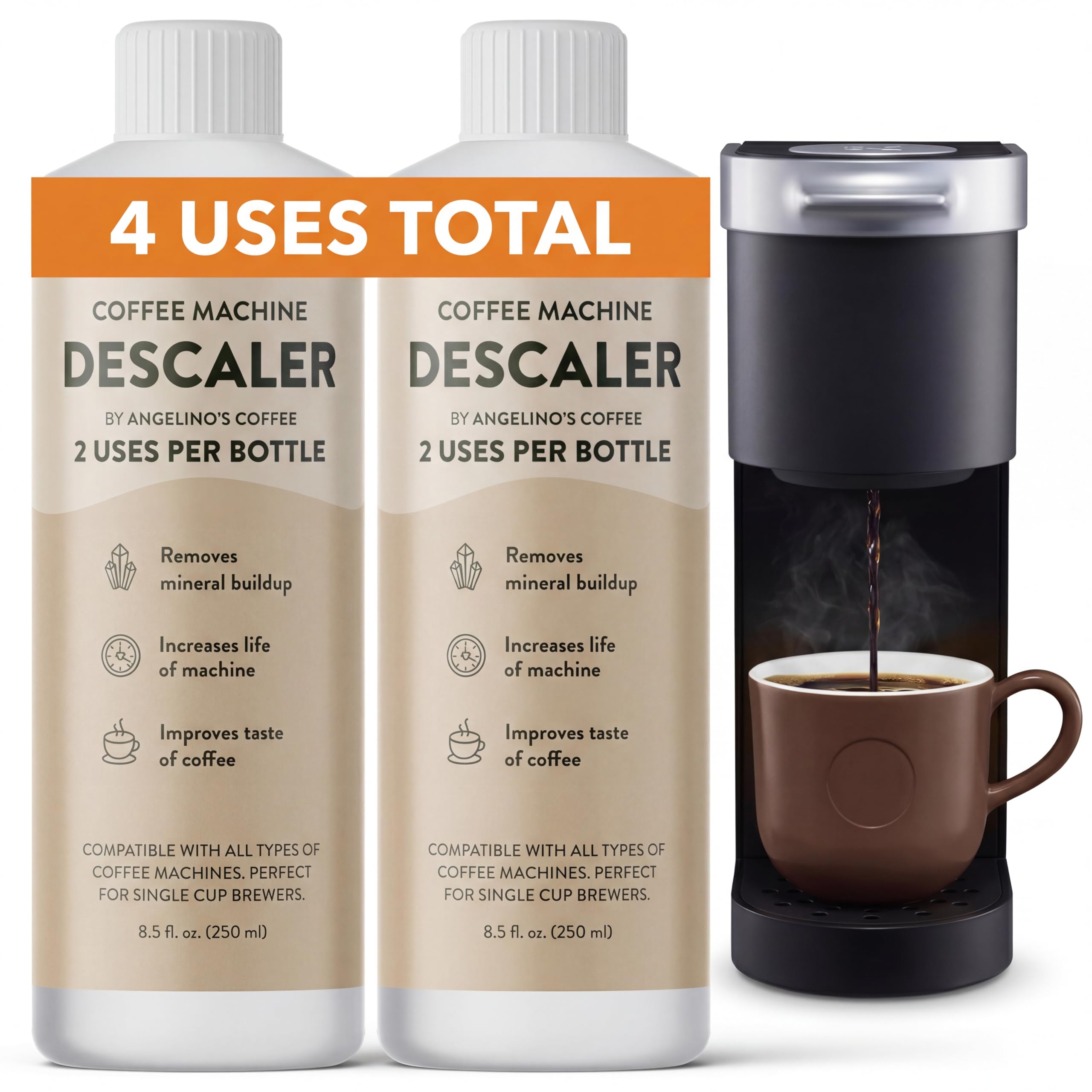 Universal Descaling Solution for Keurig, Nespresso, Breville, DeLonghi & Ninja (4 Uses) – Professional Coffee Descaler & Cleaner – Removes Limescale to Restore Flow & Temp – Odorless & Residue-Free