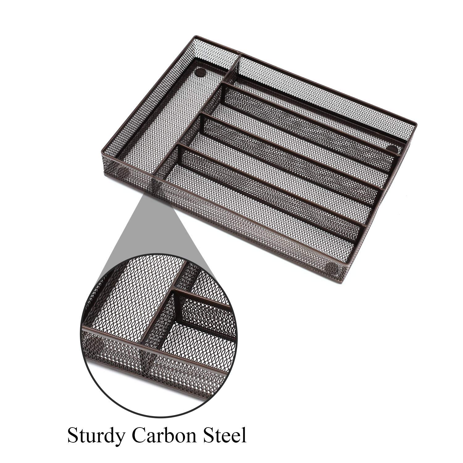 QZDJG Flatware Tray Utensil Drawer Organizer Kitchen Utensil Cutlery Tray Mesh Designing with Foam Feet Multi Compartments Keep Desk Drawer and Office Supplies Well Organized (Brown)
