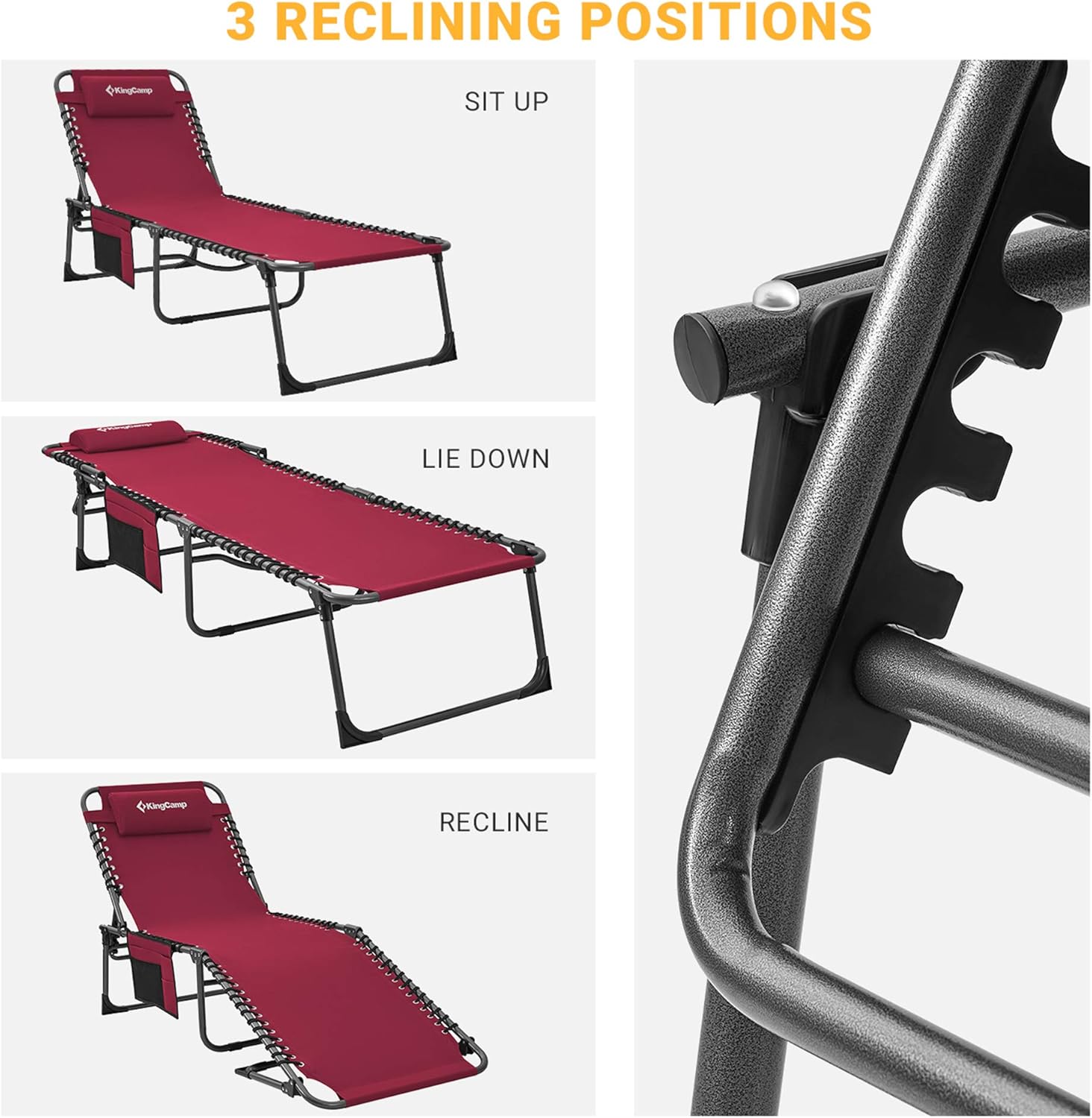 KingCamp Adjustable 4-Position Outdoor Chaise Lounge Chair Heavy Duty Camping Recliner Folding Cot with Pillow Pocket for Patio Garden Yard Lawn Sunbathing Beach Pool, Supports 265lbs: Sports & Outdoors