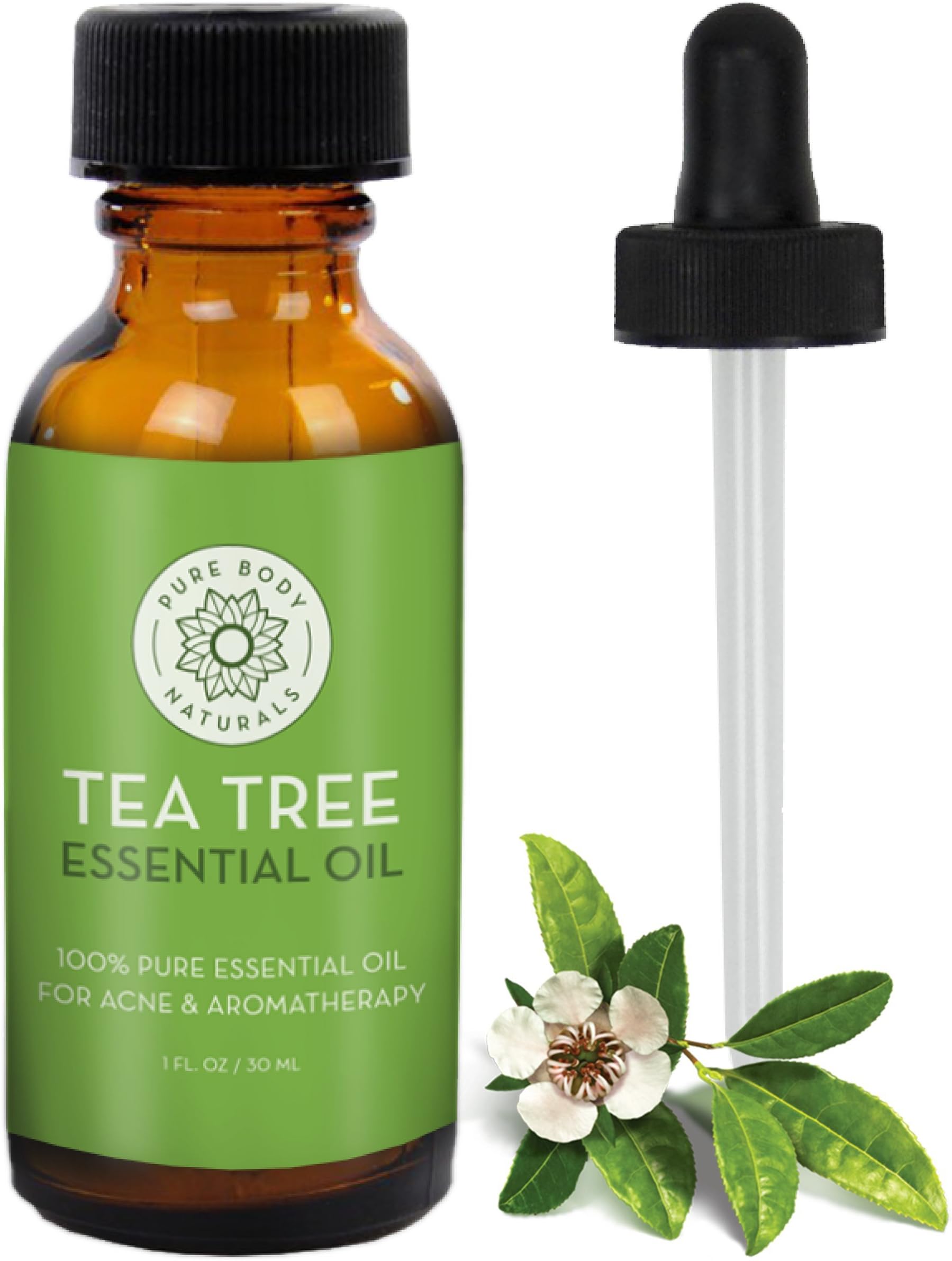 Tea Tree Essential Oil, Tea Tree Oil for Acne, Hair and Diffuser, 100% Pure Melaleuca Oil by Pure Body Naturals, 1 Ounce (Label Varies)