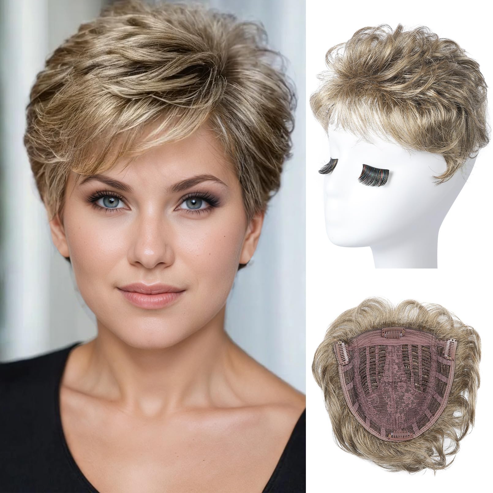 Photo 1 of REECHO Hair Topper, Short Wiglet Hair Topper for Women with Thinning Large Coverage Synthetic Top Crown Hairpiece for Women - Honey Pecan