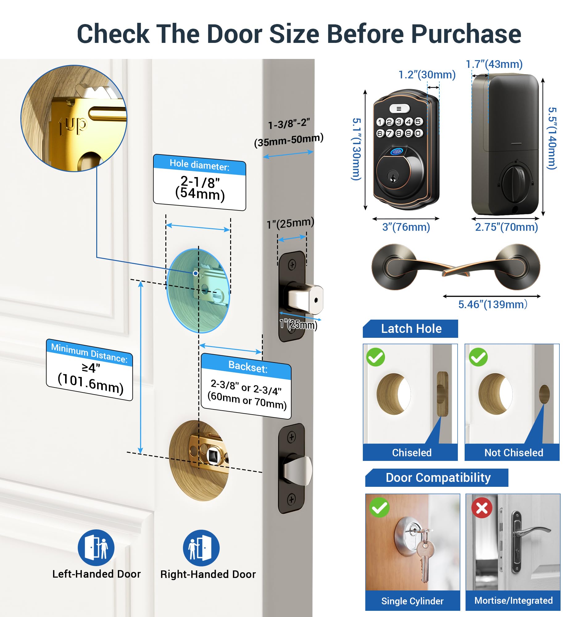 Veise Fingerprint Door Lock with 2 Lever Handles - Keyless Entry Door Lock, Electronic Keypad Deadbolt, Digital Smart Code & Front Handle Sets, Auto-Locking, Easy Installation, Oil Rubbed Bronze