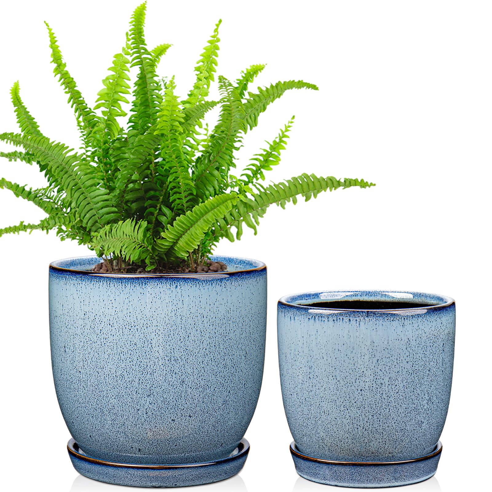 Oairse Set of 2 Ceramic Plant Pots 12CM 15CM Indoor Ceramic Planter with Drainage Holes and Saucers Tray Decorative Flower Pots Blue Garden Pot for Succulent Cactus House Plants
