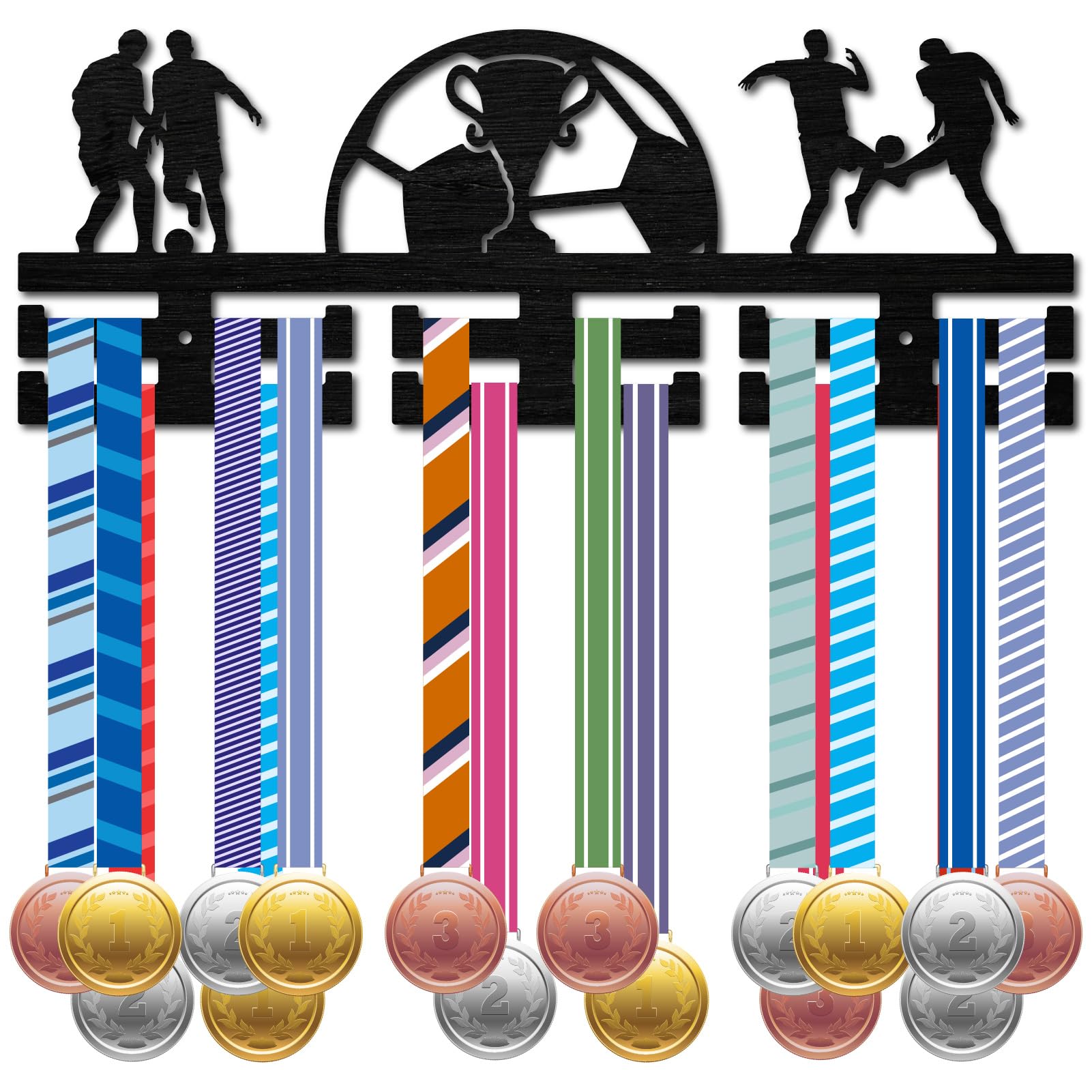 CREATCABIN Football Medal Holder Sport Medal Rack Wall Mount Race Awards Storage Hanger 2 Rows Separate Hooks for Soccer Athletes Competition Winners 30+ Medals Ribbons Organizer Display 15.7x5.9in