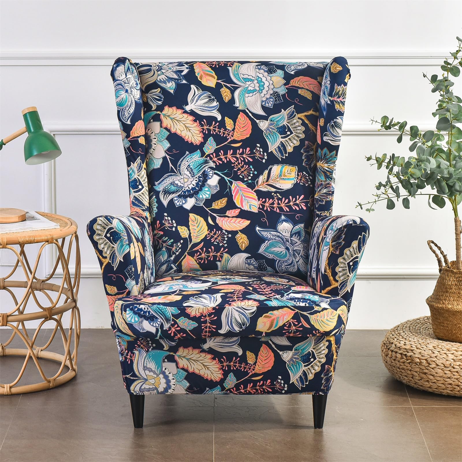 MINGPINHUIUS Wingback Chair Covers - Super Soft Stretch Wing Chair Slipcover Wing Back Chair Cover 2 Piece Set Armchair Covers Furniture Protector for Living Room Bedroom Hotel (Navy Flower)