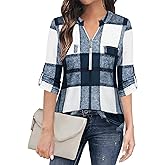 BEPEI Womens Floral 3/4 Sleeve Shirts Zip up V Neck Work Chiffon Blouses Top