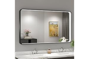 Twalsu 48x28 Inch LED Bathroom Mirror with Lights, Black Metal Framed LED Mirror for Bathroom, 3 Colors and Stepless Dimmable Wall Mounted Lighted Bathroom Vanity Mirror, Anti-Fog, Memory