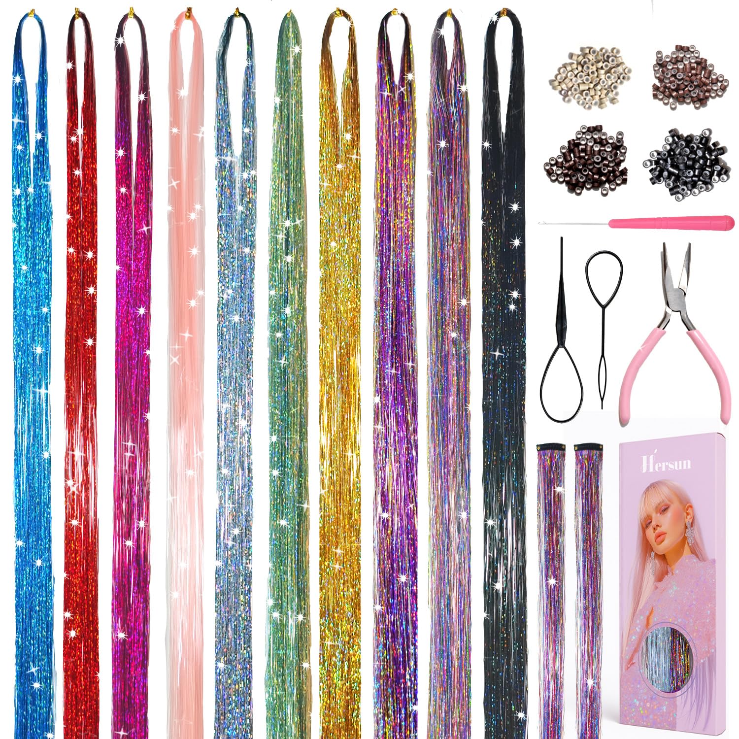 Photo 1 of **MISSING TINSELS & BEADS/ HAS DAMAGED TINSEL IN PACKS *** Hersun Hair Tinsel 10 Colors 3200 Strands 48in with Tools Fairy Tinsel Hair Extensions Kit Heat Heat Resistant Fairy Hair For Party For Girls & Women