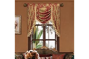 Loom and Mill Luxury Waterfall Valance for Living Room, Classic Damask Jacquard Swag Valances with Tassels, Red Swag Curtains for Bedroom Banquet Christmas Decor, Rod Pocket(W39Inch,1 Panel)