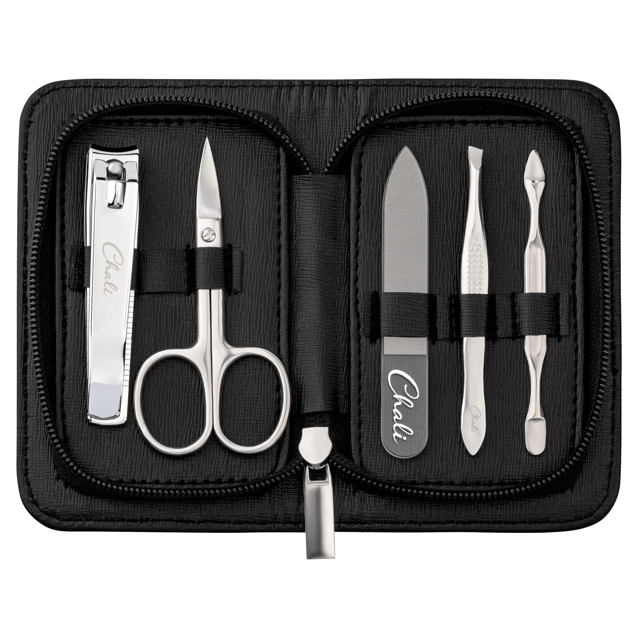 Chali® Manicure Set 5pcs - Stainless Steel Nail Set for Men and Women with Case - Scissors, Clippers, Tweezers, Glass File, Cuticle Pusher