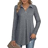Bebonnie Womens Long Sleeve Casual Lapel V Neck Pullover Tunic Blouse Tops with Buttons
