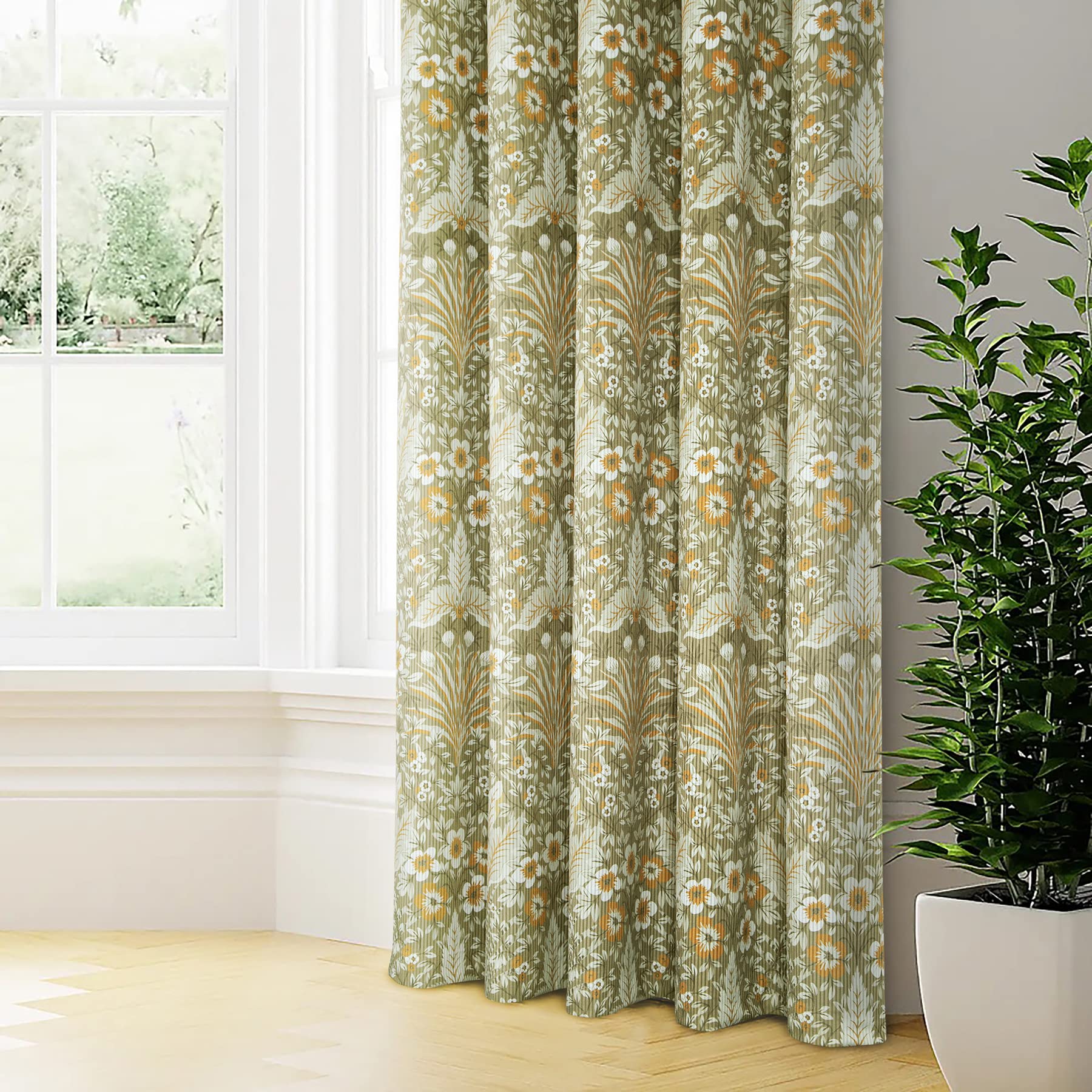 always4u 100% Blackout Curtains for Living Room Thermal Energe Saving Velvet Curtain Green Jungle Forest Ribbed Flower Pattern Window Treatment Bedroom Pair of 90 * 90 Inches