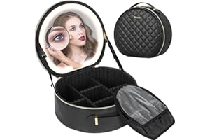Aiborke Travel Makeup Bag with Led Mirror Makeup Case with Lighted Mirror Cosmetic Organizer bag with Adjustable Dividers and 10x Magnifying Mirror (Black-round)